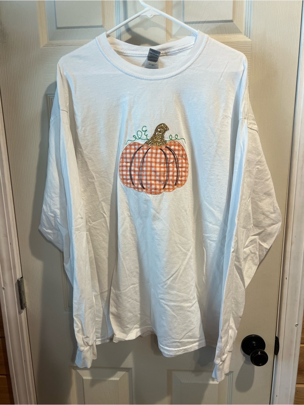 Gildan White Long Sleeve Tee with Orange Gingham Pumpkin